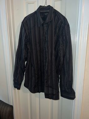 Structure Men's Black Button-Down Shirt with White and Gray Stripes